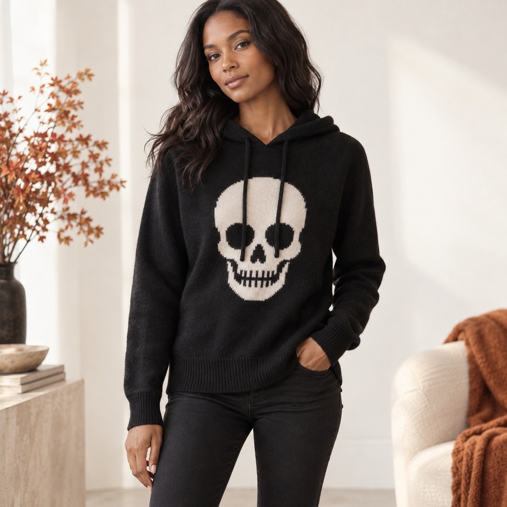 Skull Cashmere Intarsia Skull 100% Cashmere Hoodie Womens S Black Sweater